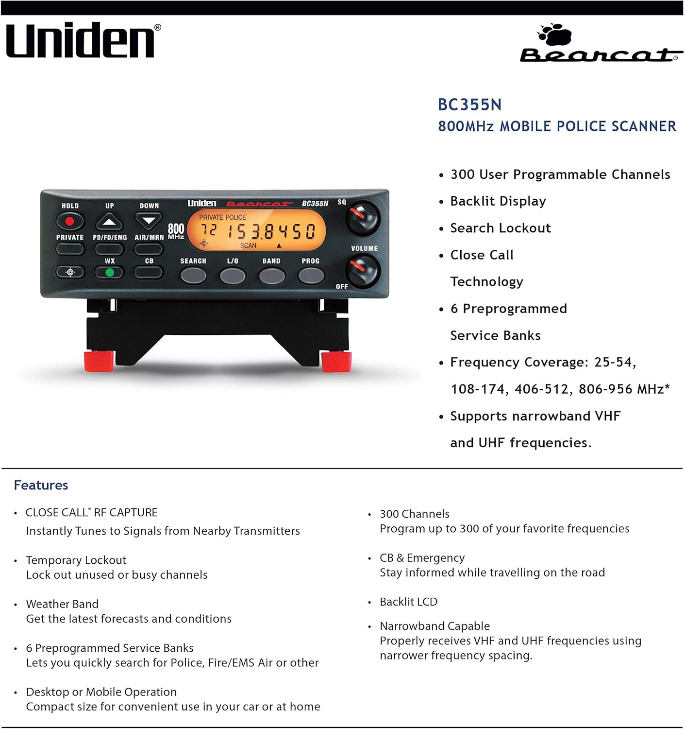 800 MHz 300-Channel Base/Mobile Scanner and Universal CB Extension Speaker with Swivel Bracket U233454