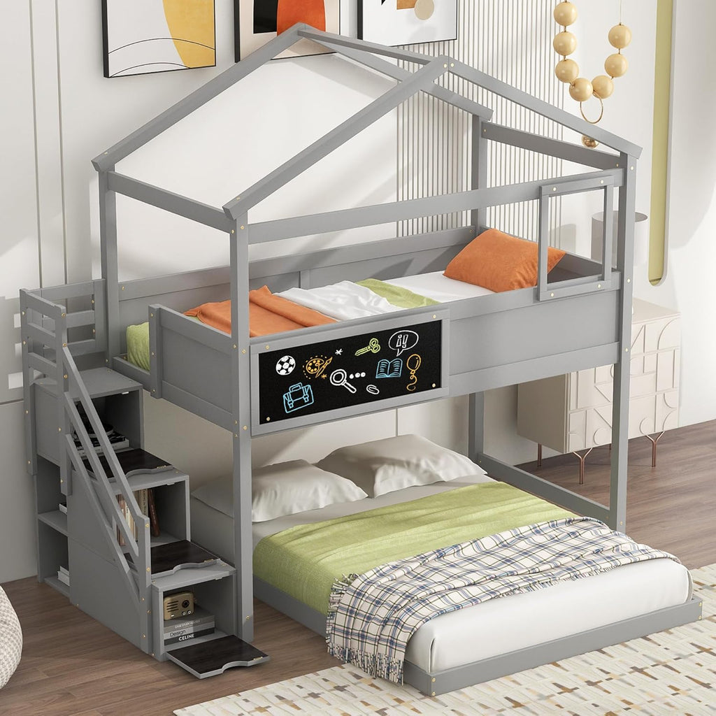 Gray Wood L-Shaped Twin Over Full Bunk Bed with Storage Stairs and Blackboard N15809