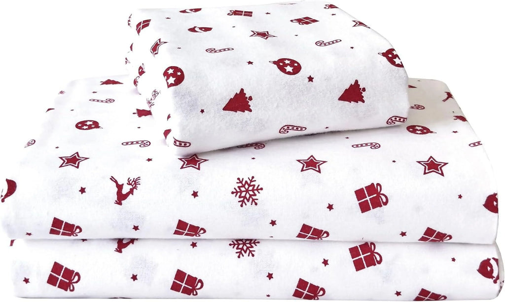 King Flannel Sheets - 4-Piece 100% Turkish Cotton, Red Stars, Deep Pocket Q766