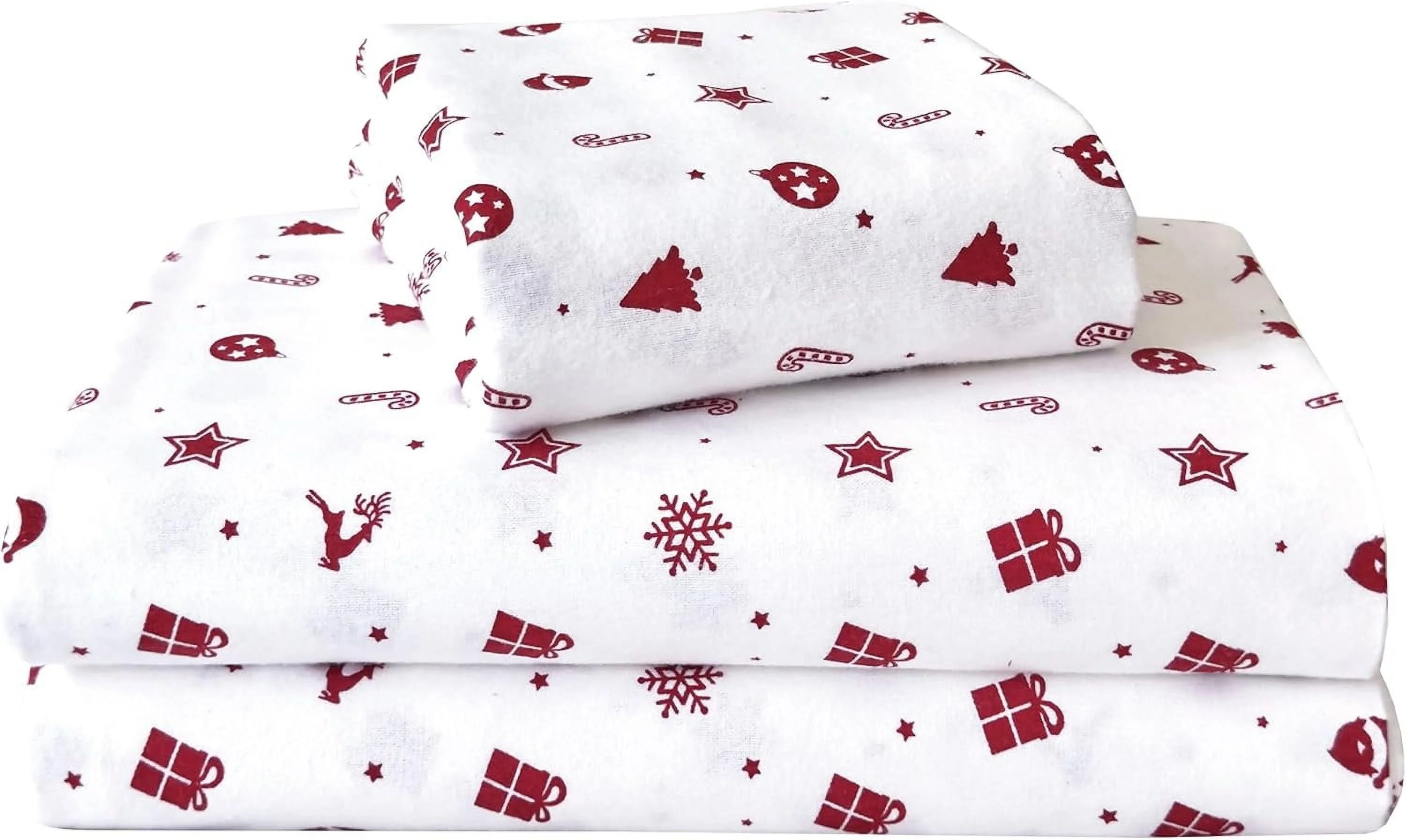 King Flannel Sheets - 4-Piece 100% Turkish Cotton, Red Stars, Deep Pocket Q766