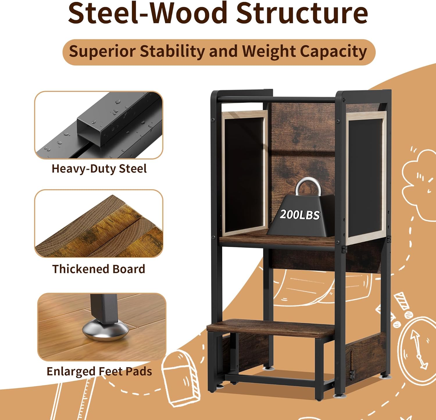 Toddler Kitchen Stool Helper Tower - 4 in 1 Learning Standing Tower, Steel-Wood Step Stool Adjustable Height R50440