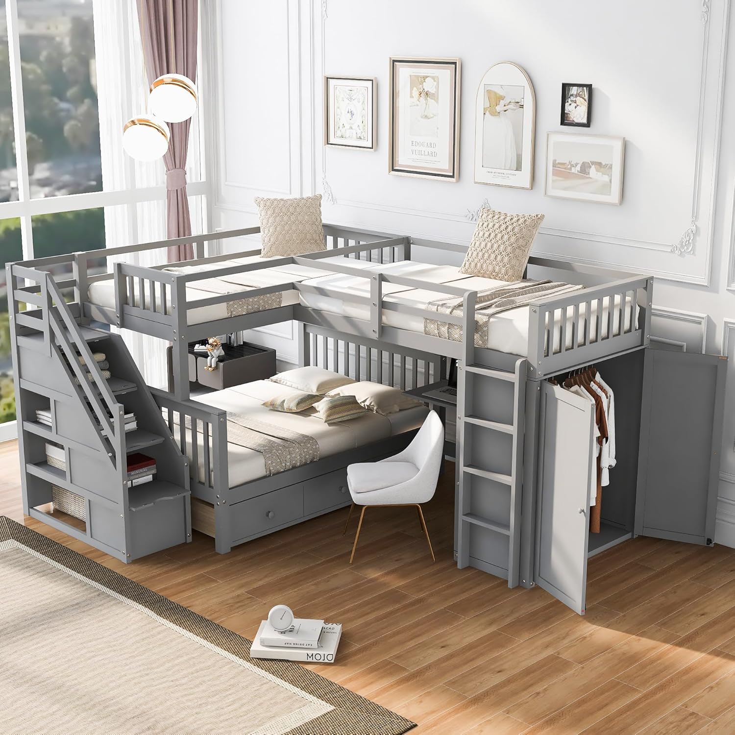Gray Triple Bunk Bed with Stairs Storage and 3 Drawers H603942