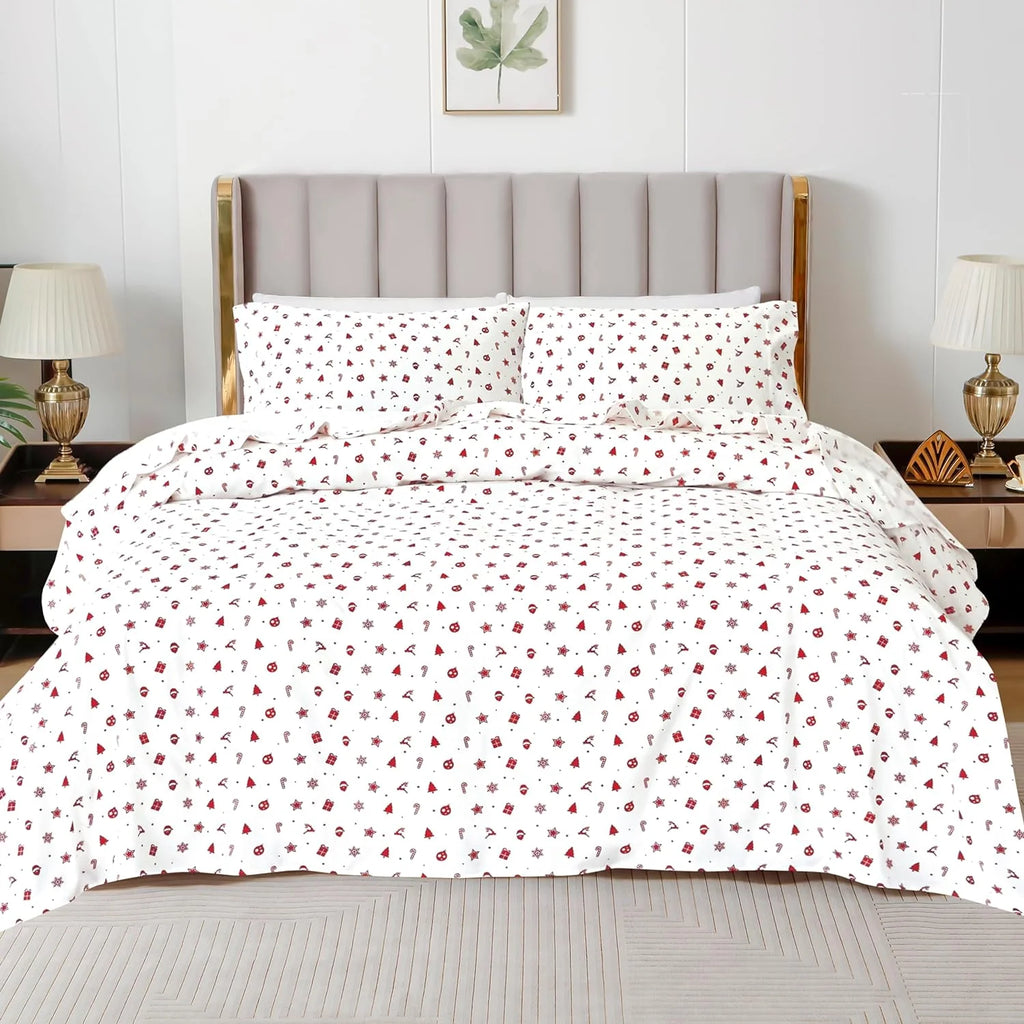 King Flannel Sheets - 4-Piece 100% Turkish Cotton, Red Stars, Deep Pocket Q766