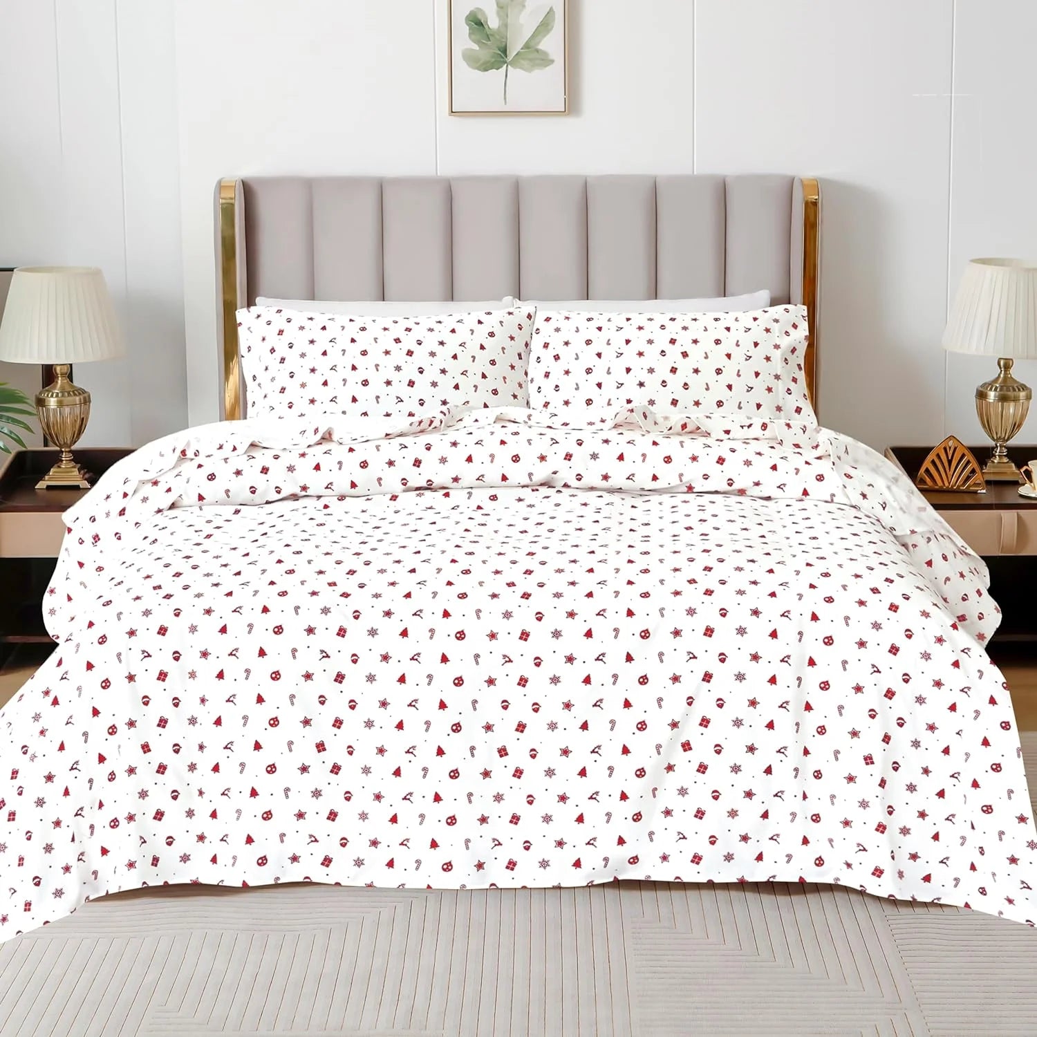 King Flannel Sheets - 4-Piece 100% Turkish Cotton, Red Stars, Deep Pocket Q766