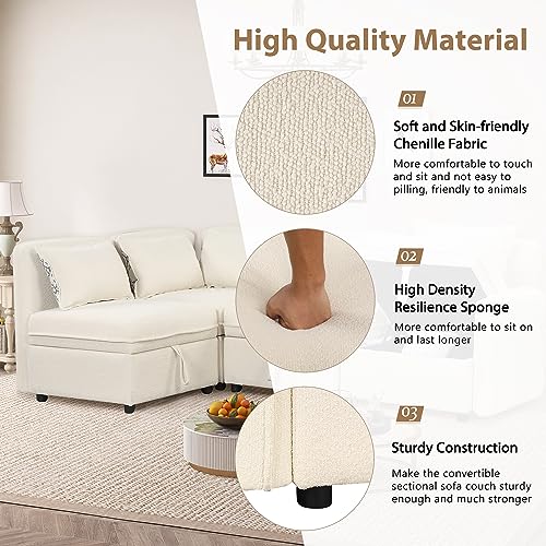 Cream Chenille Fabric Modular Sectional Sofa with Storage and 5 Pillows U2514