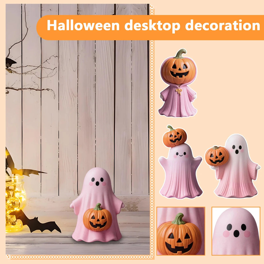 Pink Resin Ghost & Pumpkin Figurine Set Q579725