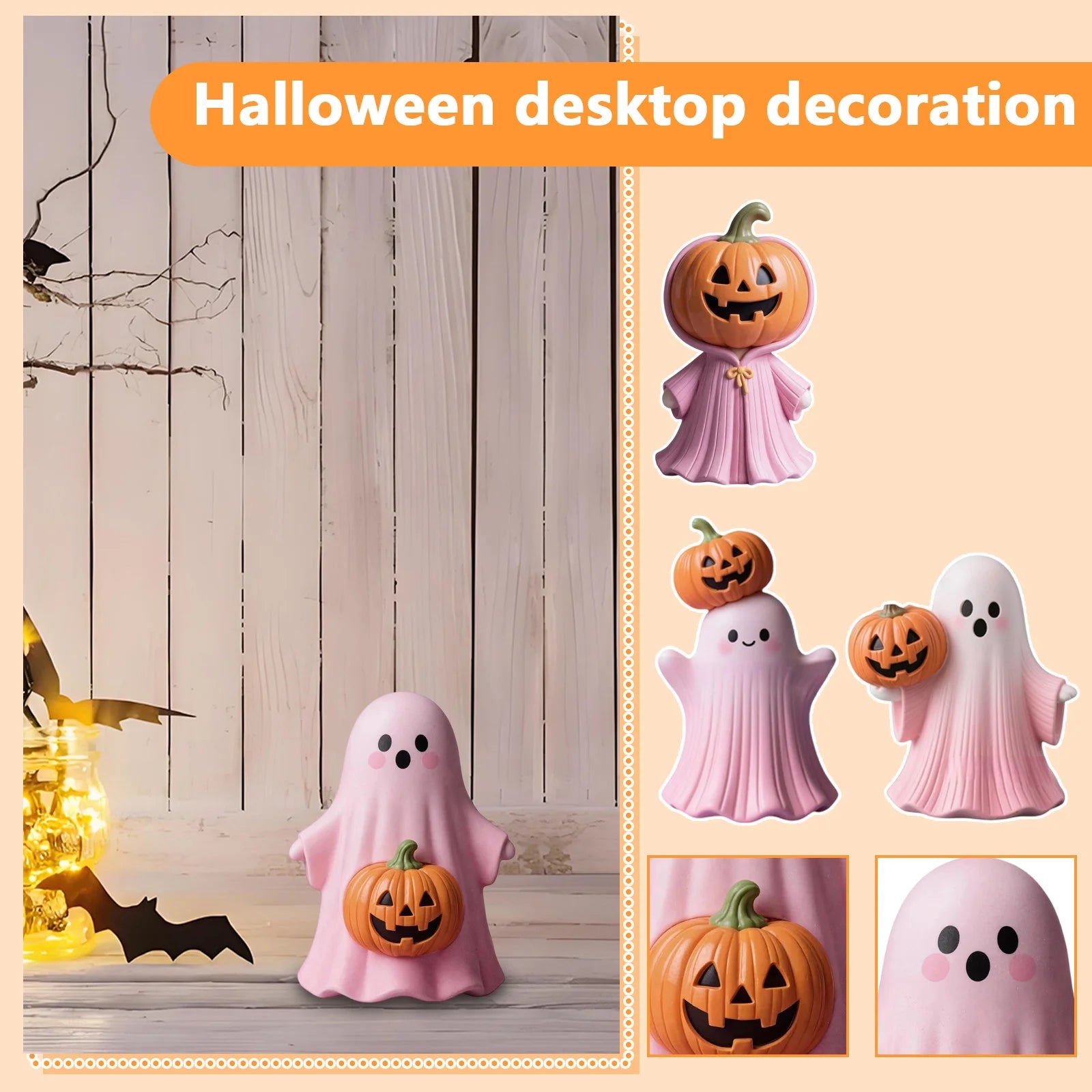Pink Resin Ghost & Pumpkin Figurine Set Q579725
