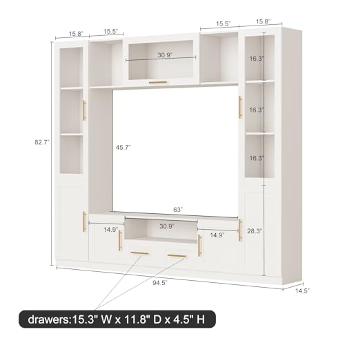 White 4-Piece Large TV Stand Wall Unit with Bookshelves Q834