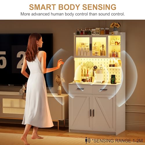 White LED Kitchen Pantry Cabinet with Drawers and Adjustable Shelves K787