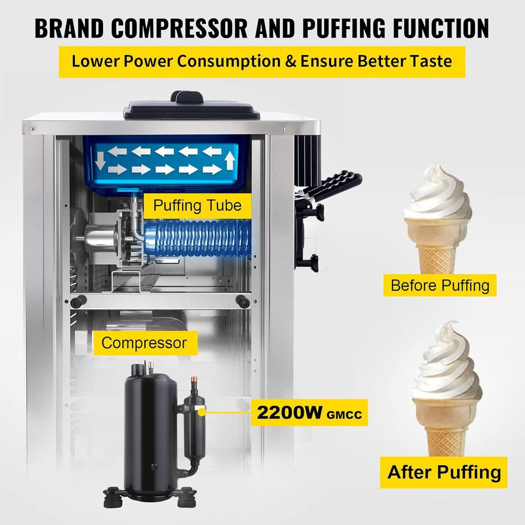 Silver Commercial Ice Cream Machine 5.3 to 7.4Gal per Hour 3 Flavors 2200W P897