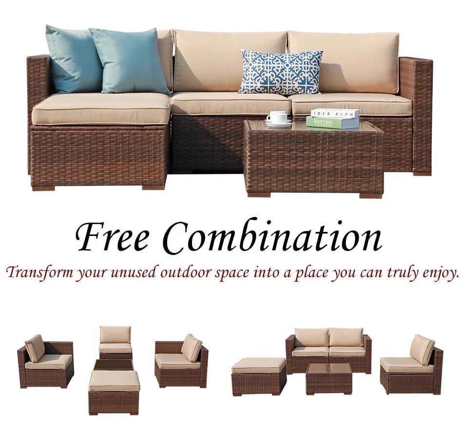 5-Piece Patio Furniture Set, Brown PE Wicker with Beige Cushions O9828