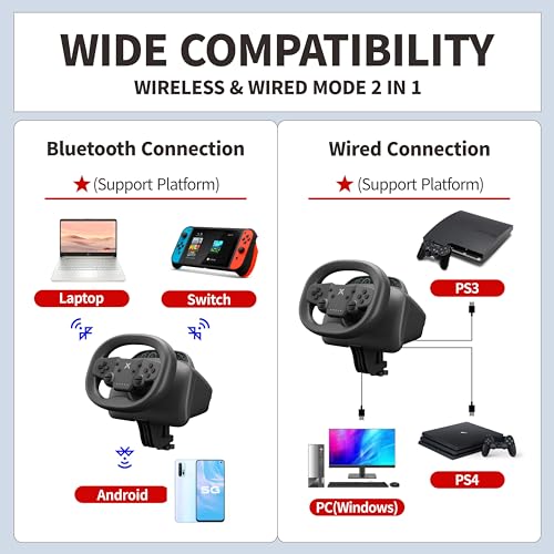 270 Degree Wireless Gaming Steering Wheel with Dual-Vibration Motors (black) U8842
