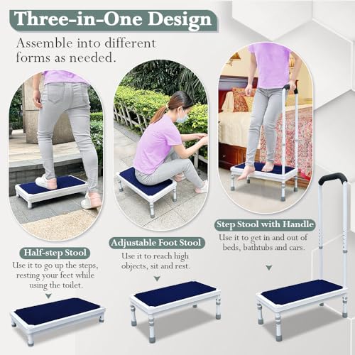 Medical Step Stool with Handle Bed Steps 3-in-1 Safety Bed Handle Wide Foot Step Stool H9809