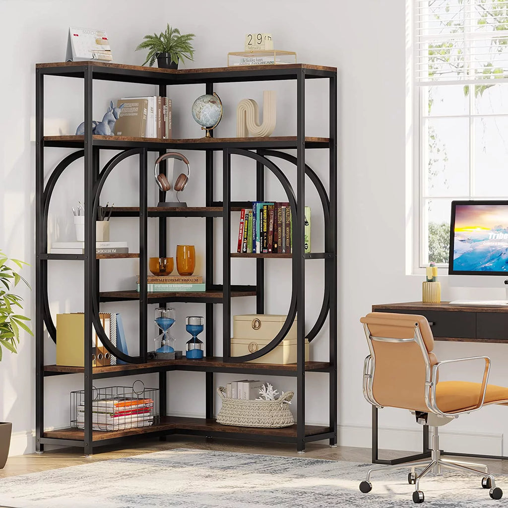 Rustic Brown & Black 7 Shelf Corner Bookshelf E2670