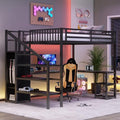 Queen Size Metal Loft Bed with L-Shaped Desk and Stairs, Black A878