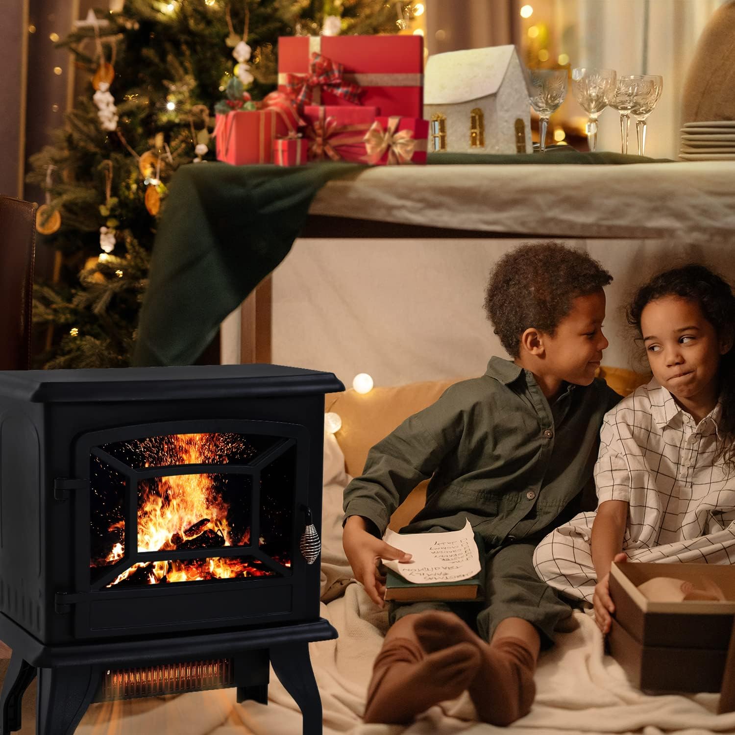 Black Electric Fireplace Heater 3D Flames Freestanding TV Stand P3085