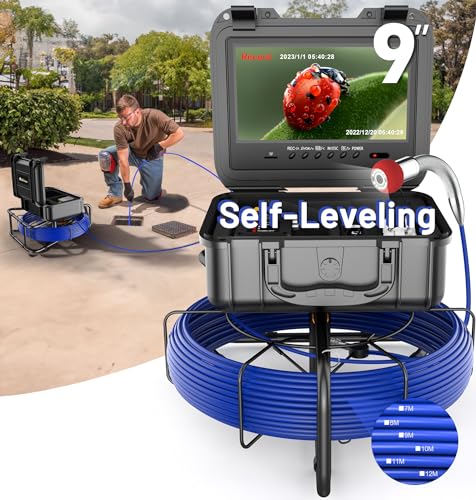 Self-Leveling Sewer Camera 100FT, 9" HD Screen Pipe Borescope Drain Inspection with 12pcs LED Light, DVR Recorder with 32GB Card, IP68 Waterproof Plumbing Cam, 7mm Cable with Depth Marker Q790515