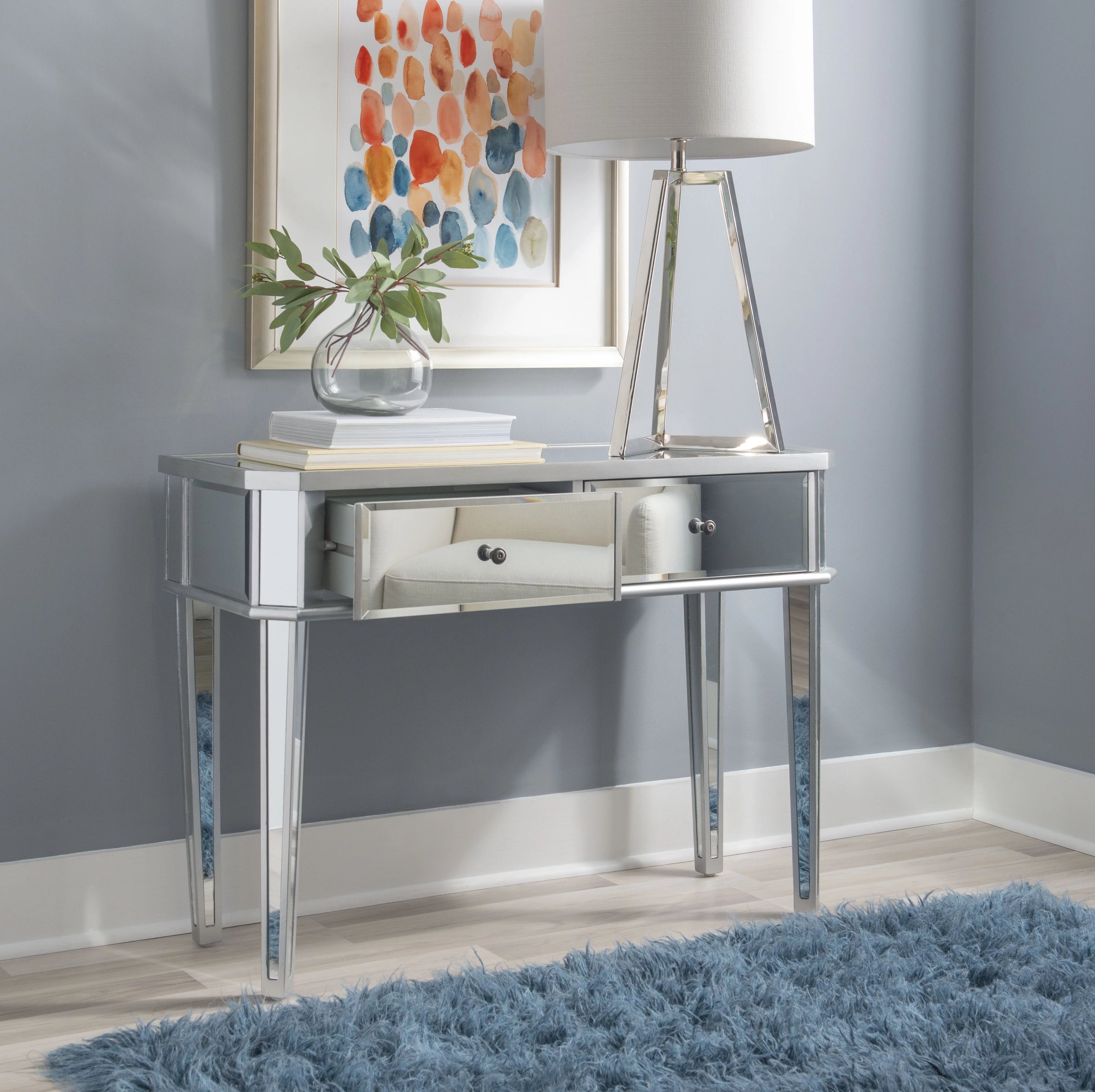 2-Drawer Console Table with Mirrored Surfaces and Silver Wood Q5289