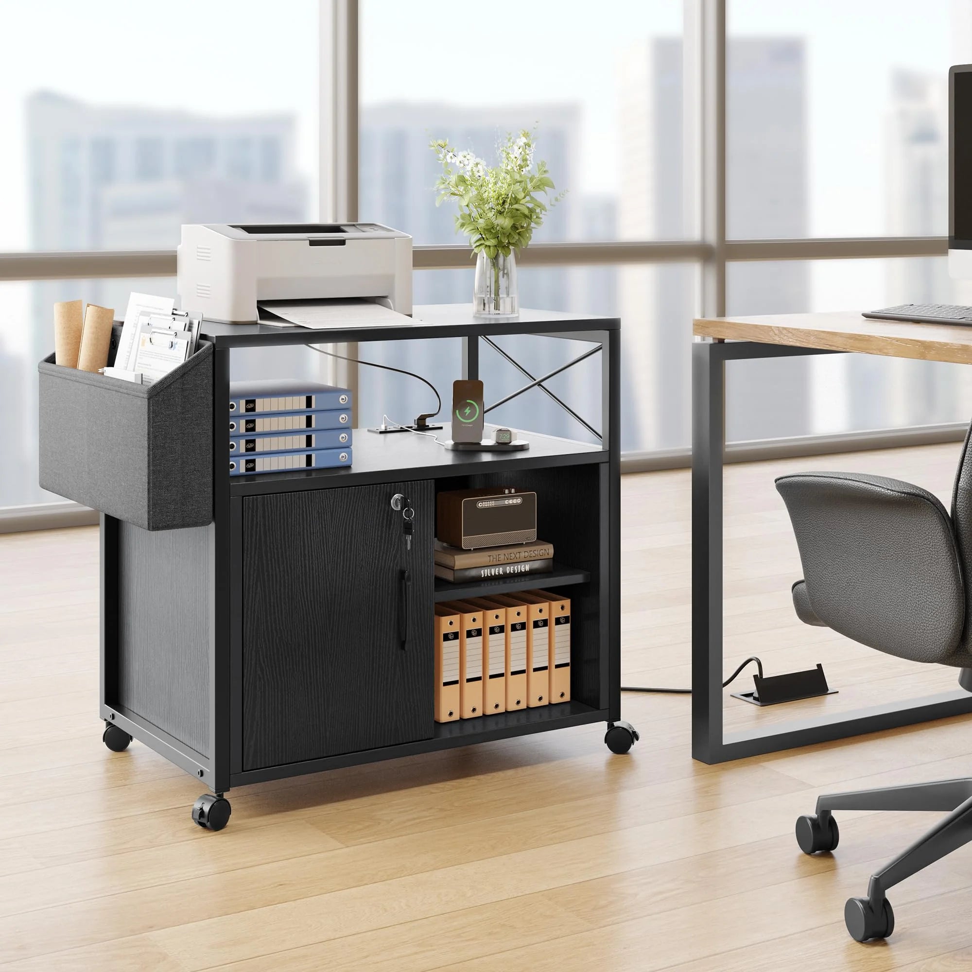 Black Lateral File Cabinet with Charging Station X690545