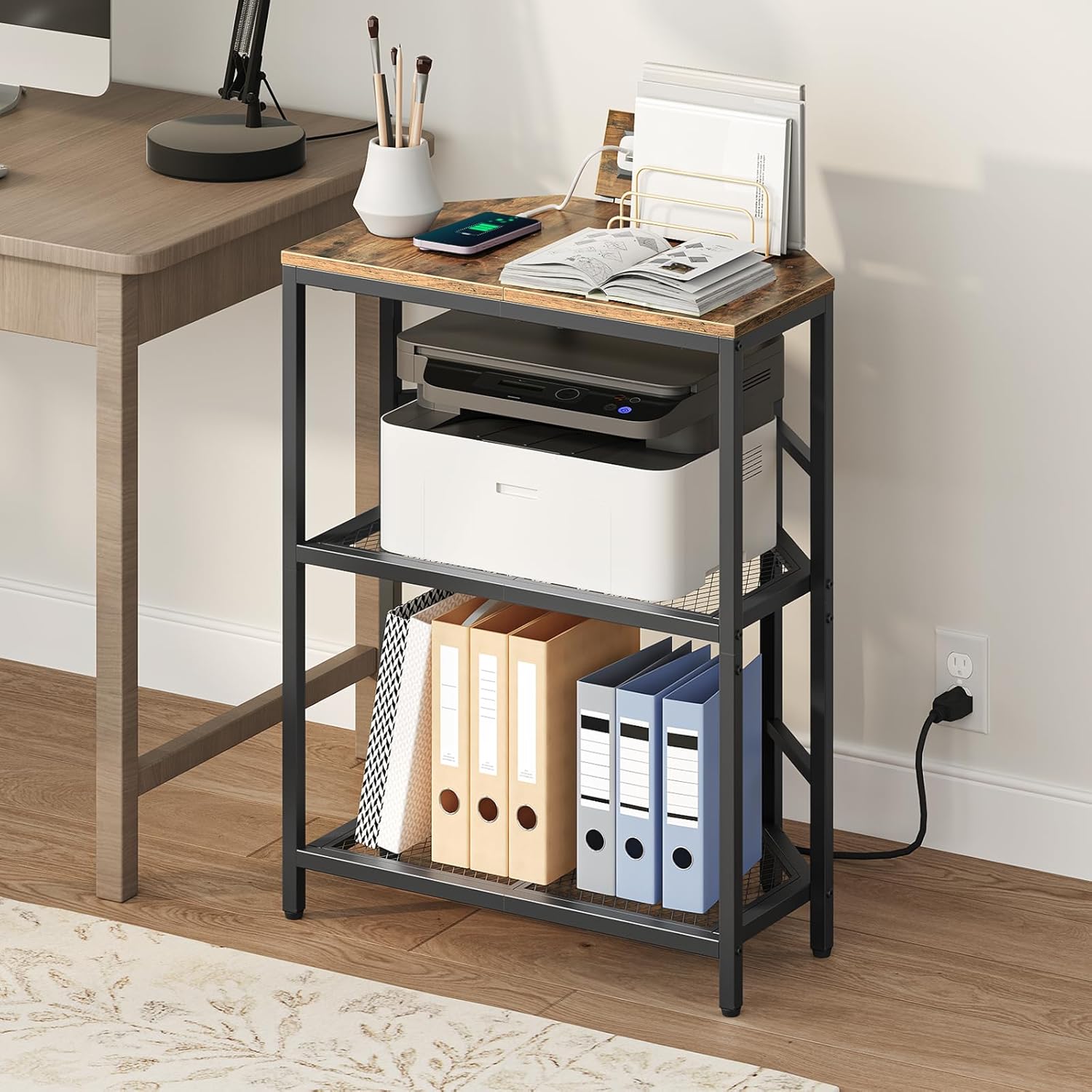 Rustic Brown 3-Tier Metal Frame Printer Stand with Storage Shelf P4234