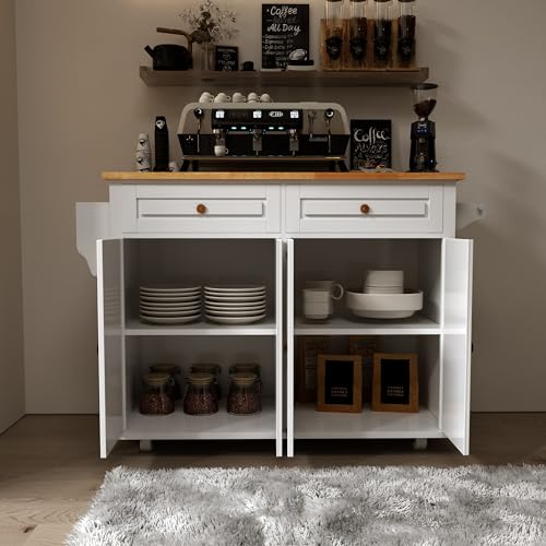 White Rolling Kitchen Island with Drop Leaf and Storage Cabinet W1275