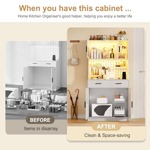 White LED Kitchen Pantry Cabinet with Drawers and Adjustable Shelves K787