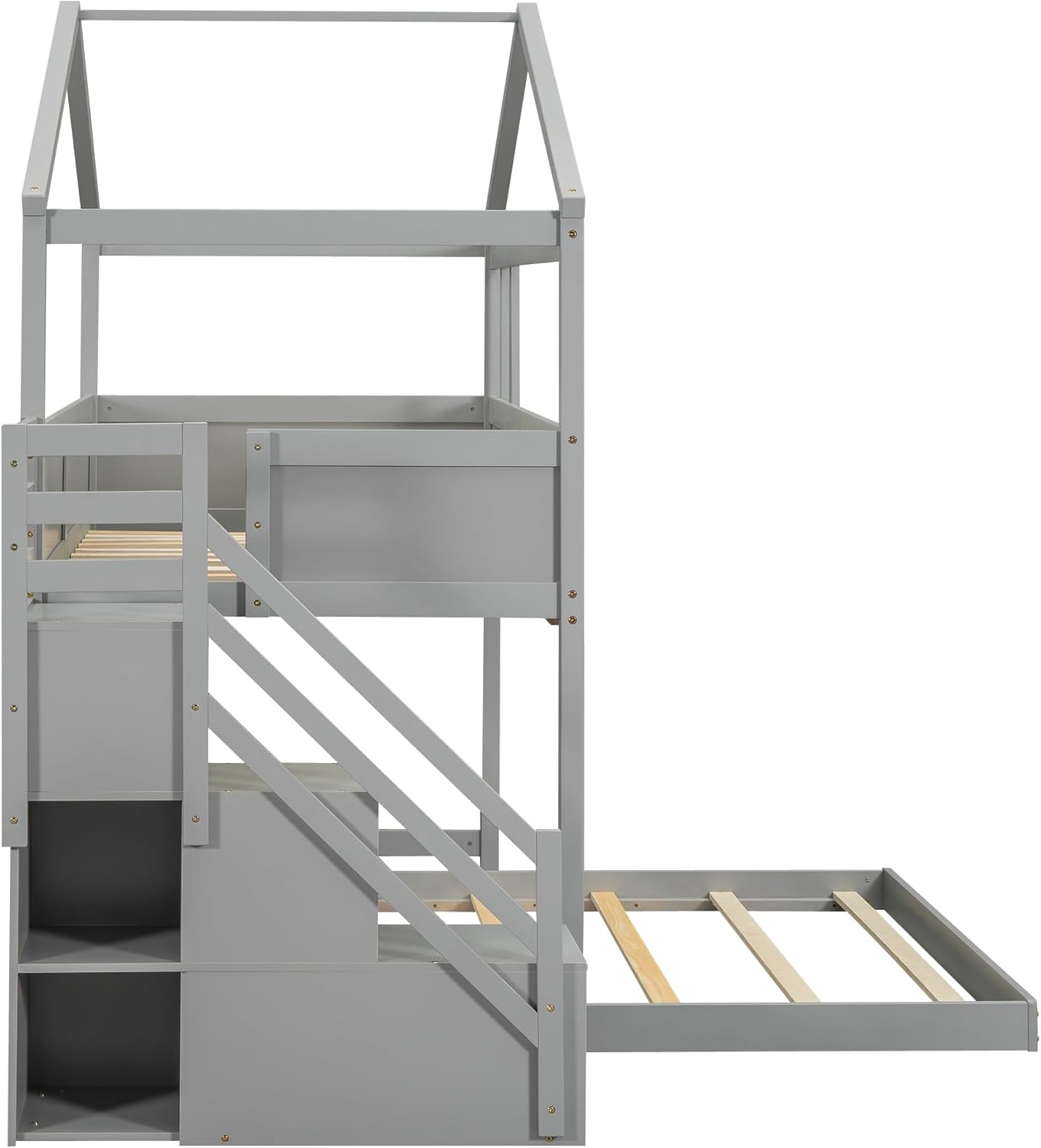 Gray Wood L-Shaped Twin Over Full Bunk Bed with Storage Stairs and Blackboard N15809
