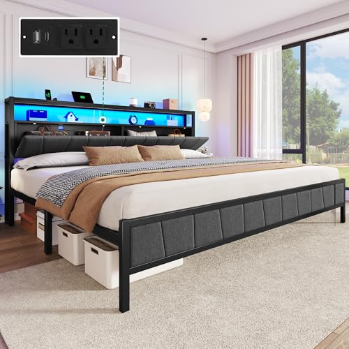 Gray Queen Upholstered Bed Frame with Storage Headboard N5466