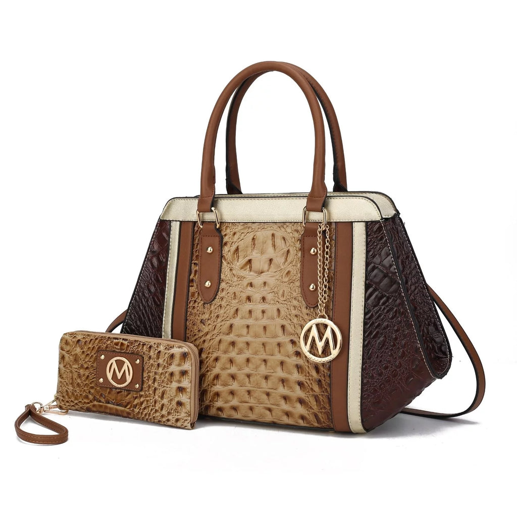 Taupe Chocolate Crocodile-Embossed Satchel Handbag 2-Piece Set J82725
