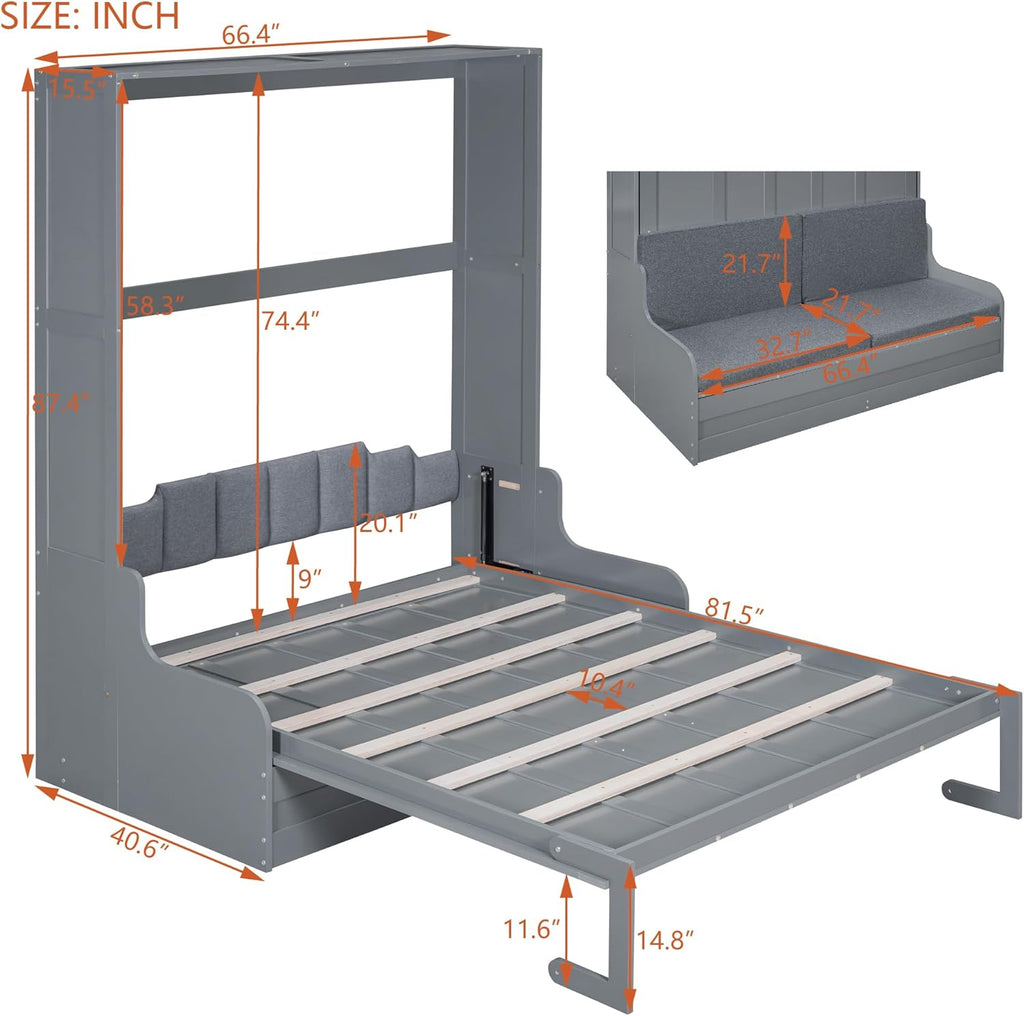 Queen Size Solid Wood Murphy Bed with Upholstered Headboard (Gray) Z2784