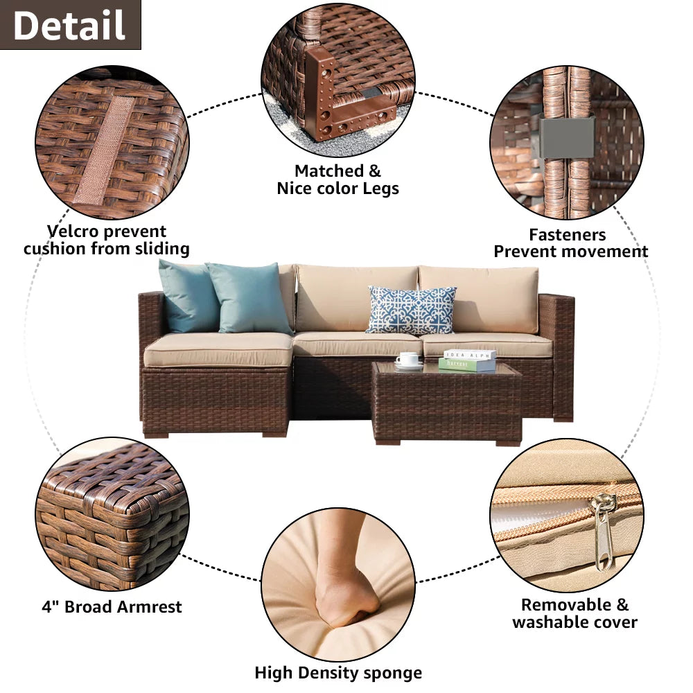 5-Piece Patio Furniture Set, Brown PE Wicker with Beige Cushions O9828