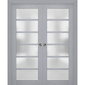 Matte Grey Frosted Glass Sliding French Double Pocket Doors 48 x 80 inches Solid Wood F13177