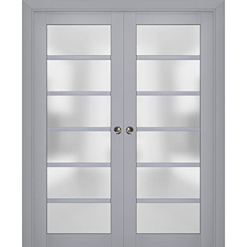 Matte Grey Frosted Glass Sliding French Double Pocket Doors 48 x 80 inches Solid Wood F13177