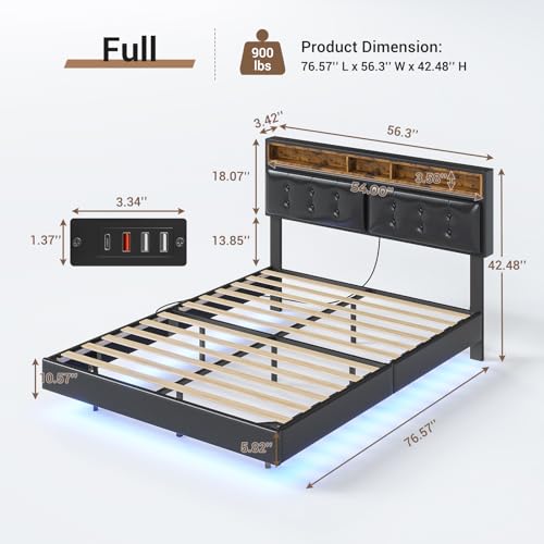 California King Floating Bed Frame with LED Lights, Headboard and Charging Station, Faux Leather Black V3651
