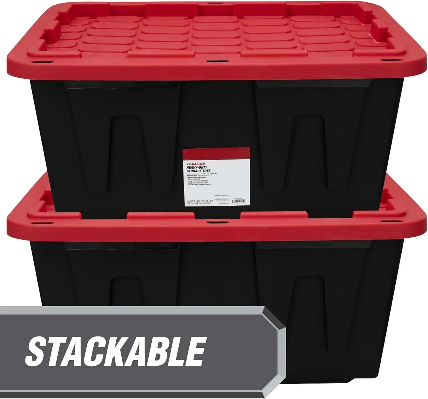 4 Pack 27 Gallon Plastic Storage Container with Snap-On Lid Black and Red Durable Organizer Bin B67149