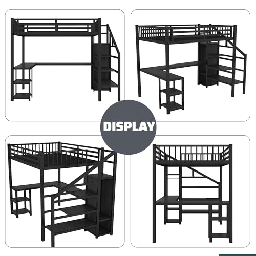 Queen Size Metal Loft Bed with L-Shaped Desk and Stairs, Black A878