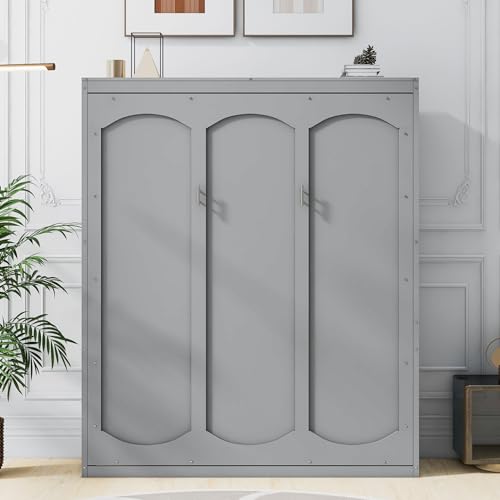 Queen Size Gray Wooden Murphy Bed with Storage Shelves N65414