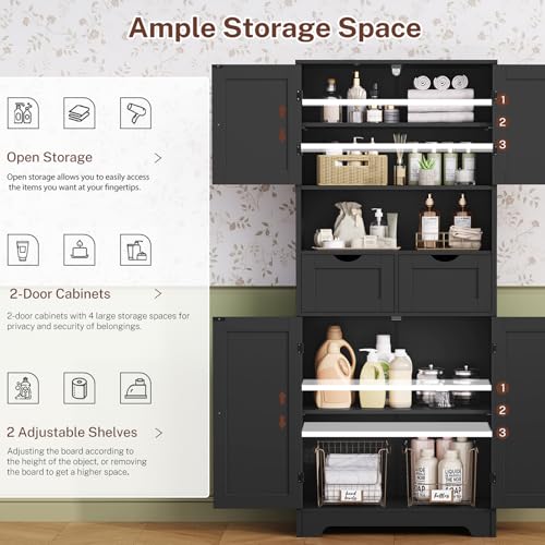 White Tall Bathroom Cabinet with 2 Drawers & 2 Adjustable Shelves & 4 Doors S489