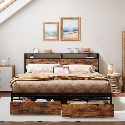King Bed Frame with Storage Headboard, Platform Bed with Drawers and Charging Station, Vintage Brown Y3483
