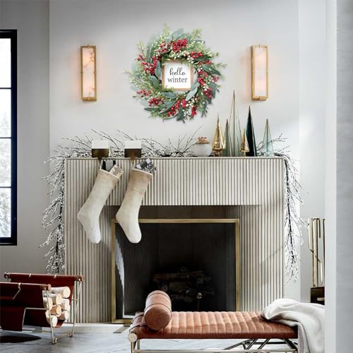20’’ Red Berries Artificial Leaves Wreath with Hello Winter Sign J185788