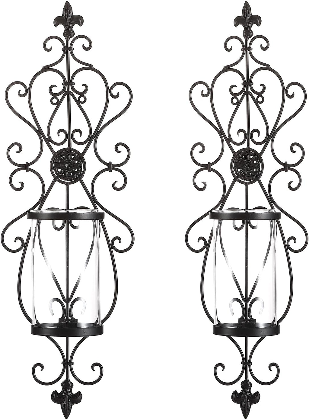 Set of 2 Antique Dark Brown Iron and Glass Wall Candle Sconces T29189