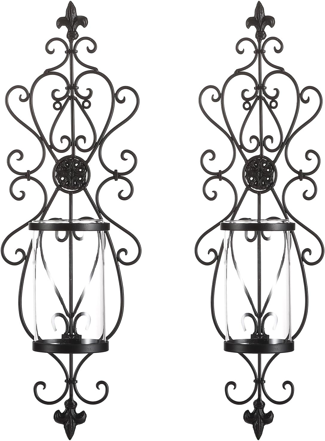 Set of 2 Antique Dark Brown Iron and Glass Wall Candle Sconces T29189