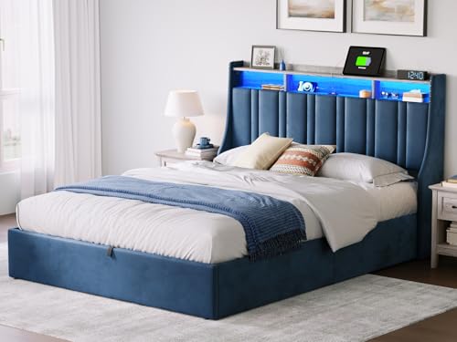Dark Grey Queen Size Upholstered Storage Bed Frame with LED Lights S741263