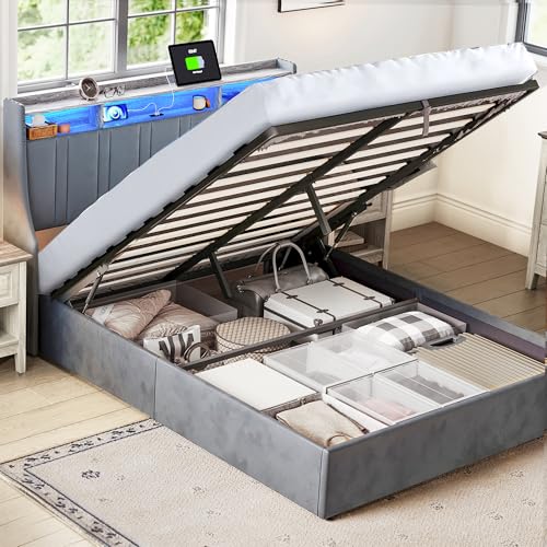 Dark Grey Queen Size Upholstered Storage Bed Frame with LED Lights S741263