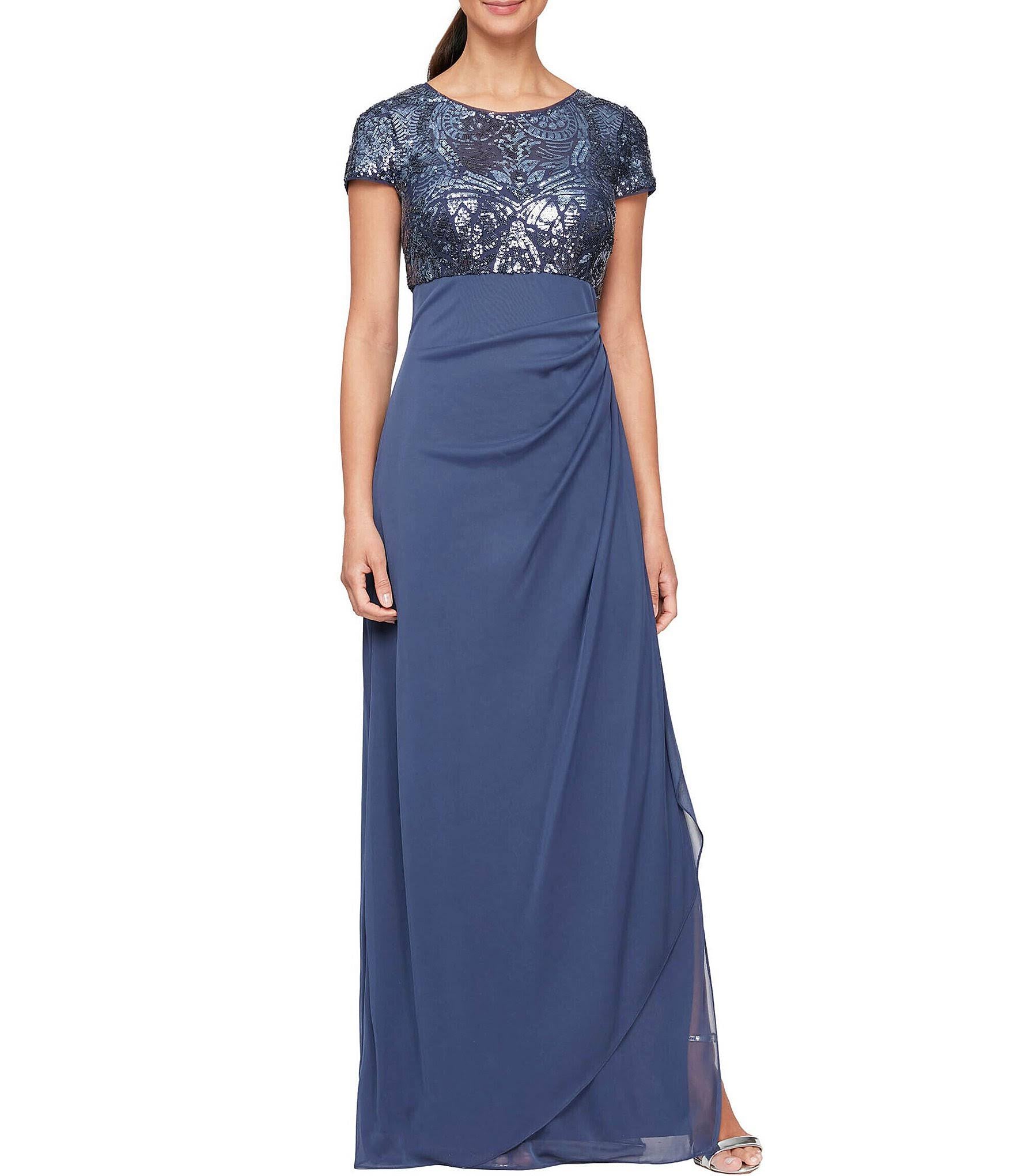 Cap Sleeve Stretch Sequin Side Ruffle Gown Z6770