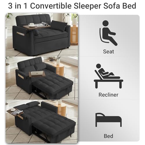 Black Velvet Convertible Sleeper Sofa Bed with 2 Pillows X46805
