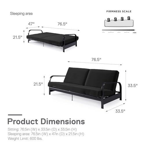Black Convertible Metal Frame Futon Sofa with Coil Mattress V487717