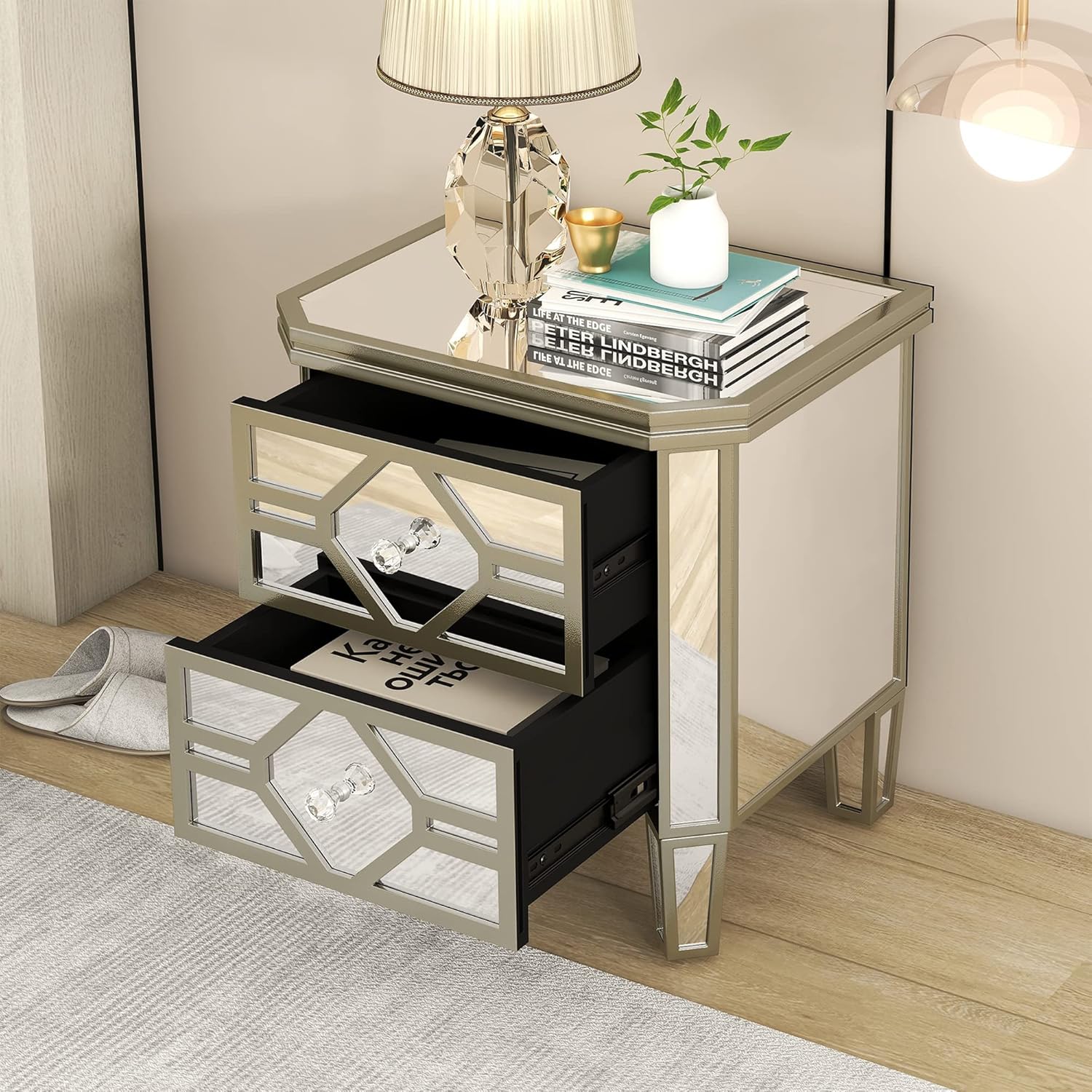 Mirrored 2-Drawer Nightstand End Table with Golden Lines, Silver P168