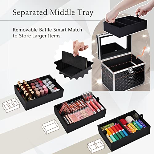 Black Portable Cosmetic Train Case with Divider Tray Mirror T997