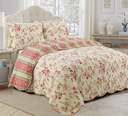 Vintage Floral Rose Chintz 3-Piece Khaki Pink Green Scalloped Cotton Reversable Queen Quilt Bedding Set B97894